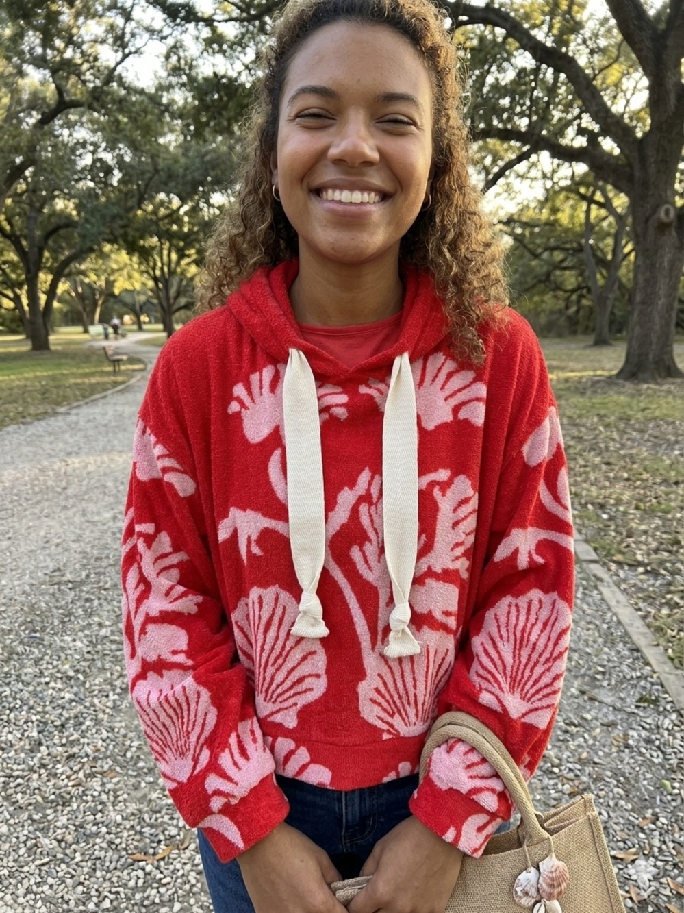 NWT Free People Red Beach Towel Hoodie with Cream Drawstrings
